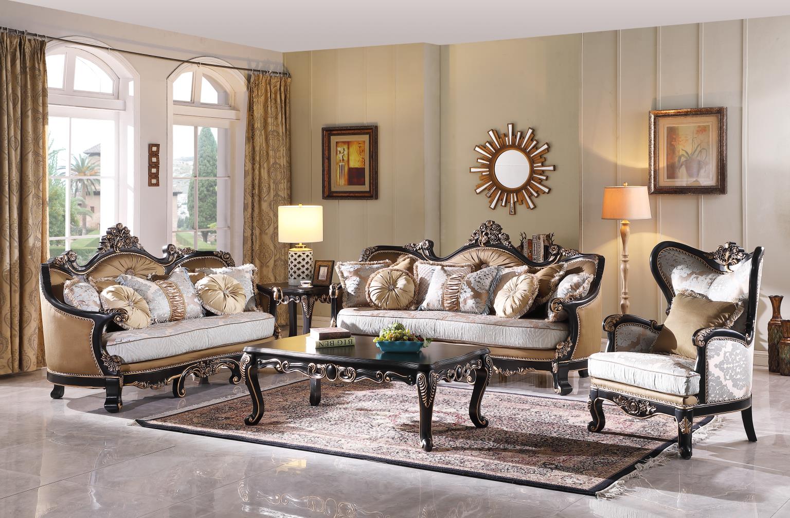 Luxurious living room with ornate furniture and decorative elements.